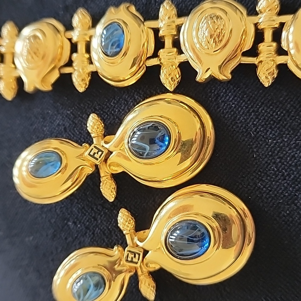 Fendi Gold Bracelet And EARRINGS with Blue Accents